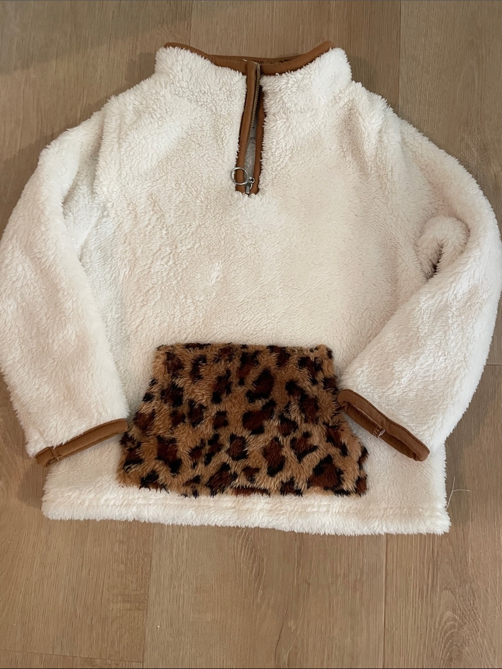 Kids Cream Sherpa Pullover with Leopard Pocket Accent